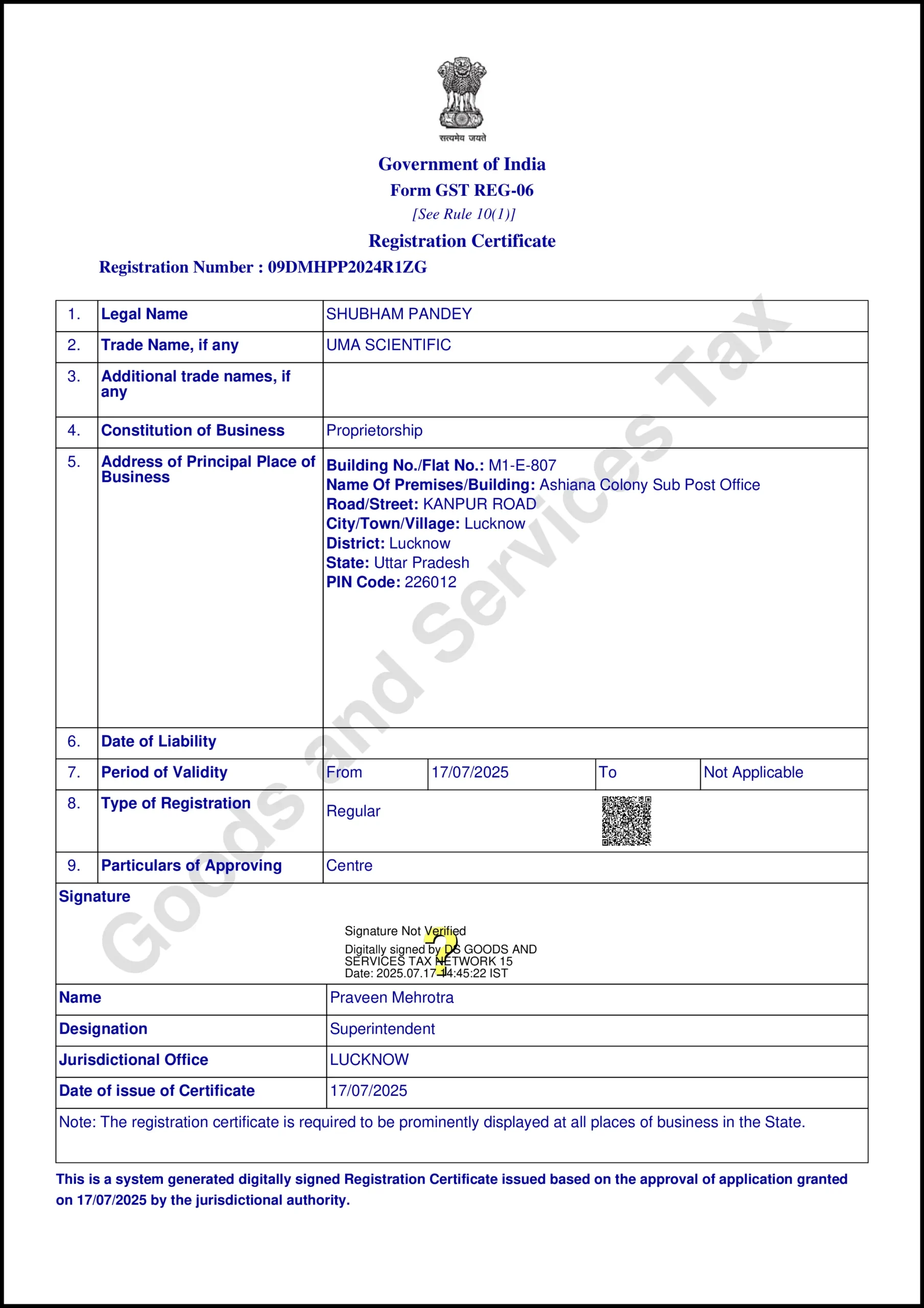 UMA_SCIENTIFIC_GST_ certificate 09DMHPP2024R1ZG