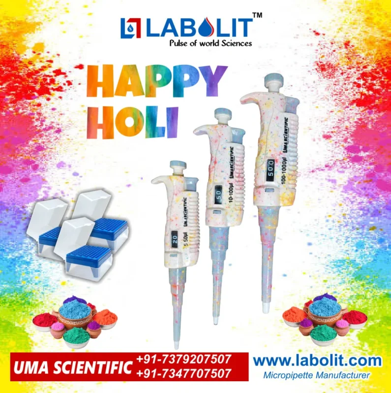 Micropipette Manufacturer | Micropipette best quality UM-ECO Micropipette Happy Holi banner | Labolit UM-Eco Happy Holi post fixed volume micropipette