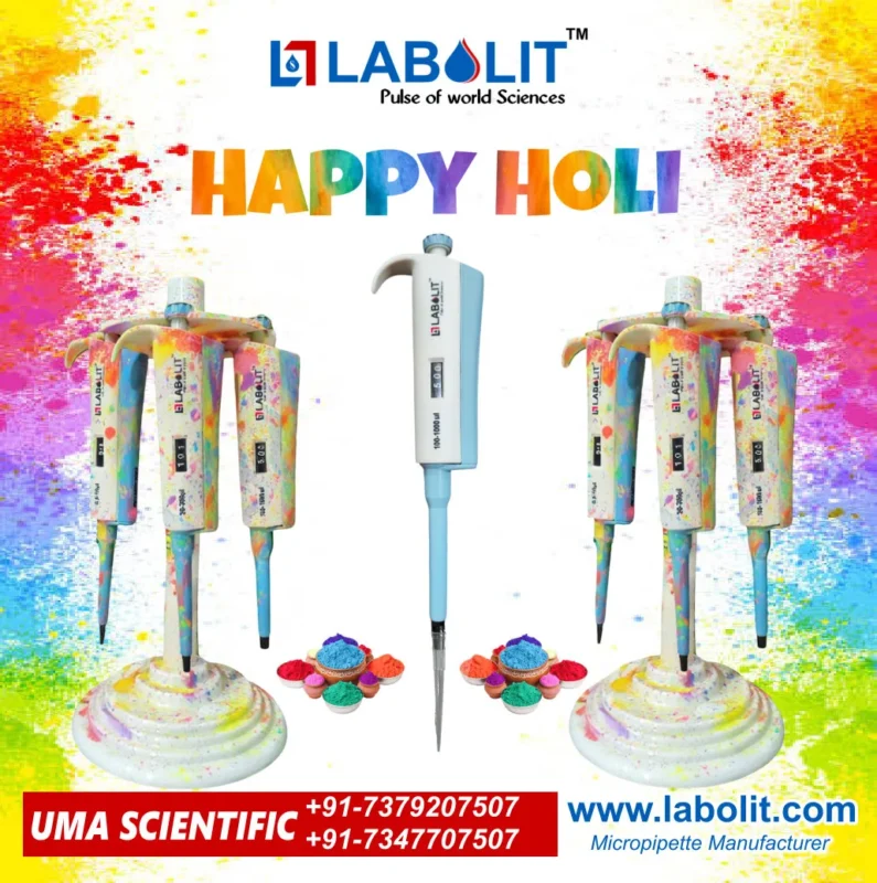 Micropipette Manufacturer | Micropipette best quality UM-ULTRA Micropipette Happy Holi banner | Labolit UM-Ultra Happy Holi post laboratory equipment