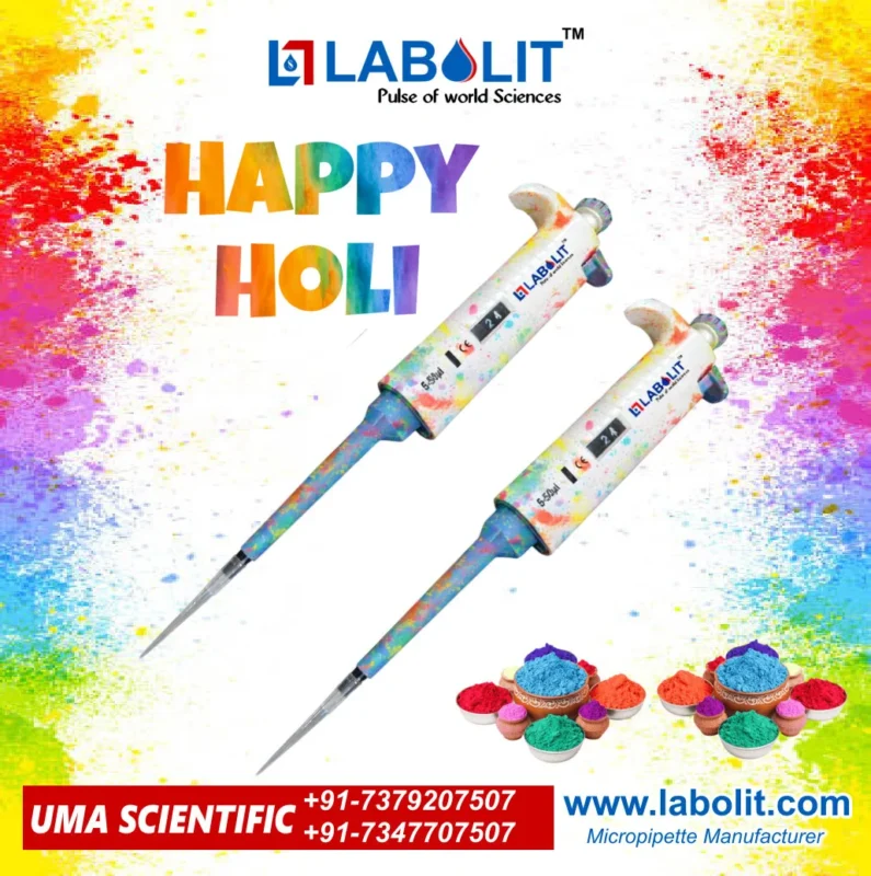 Micropipette Manufacturer | Micropipette best quality UMPRO Micropipette Happy Holi banner | Labolit UM-Pro Happy Holi post with fixed and variable micropipette
