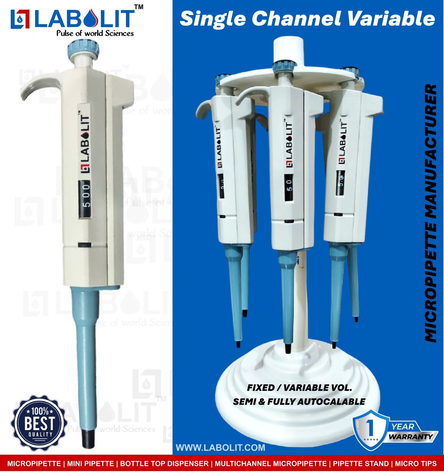 LABOLIT 5-50µL and 10-100µL micropipette for precise laboratory liquid handling applications in research, biotech, pharma, and diagnostic labs.