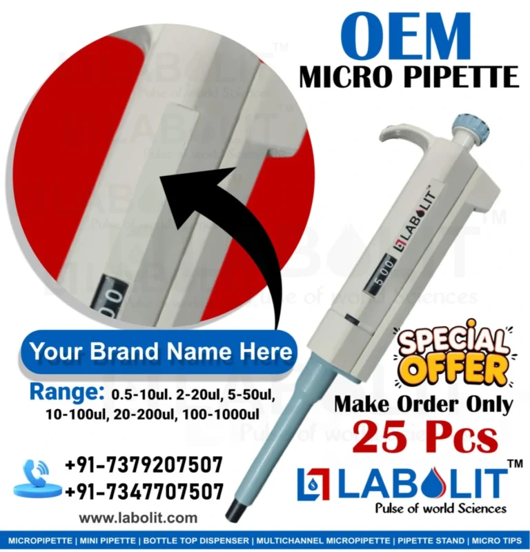 Micropipette Manufacturer | Micropipette best quality & Price OEM Single Channel Micropipette manufactured by LABOLIT with custom branding, adjustable volume, ergonomic design, and precision liquid handling for laboratories.