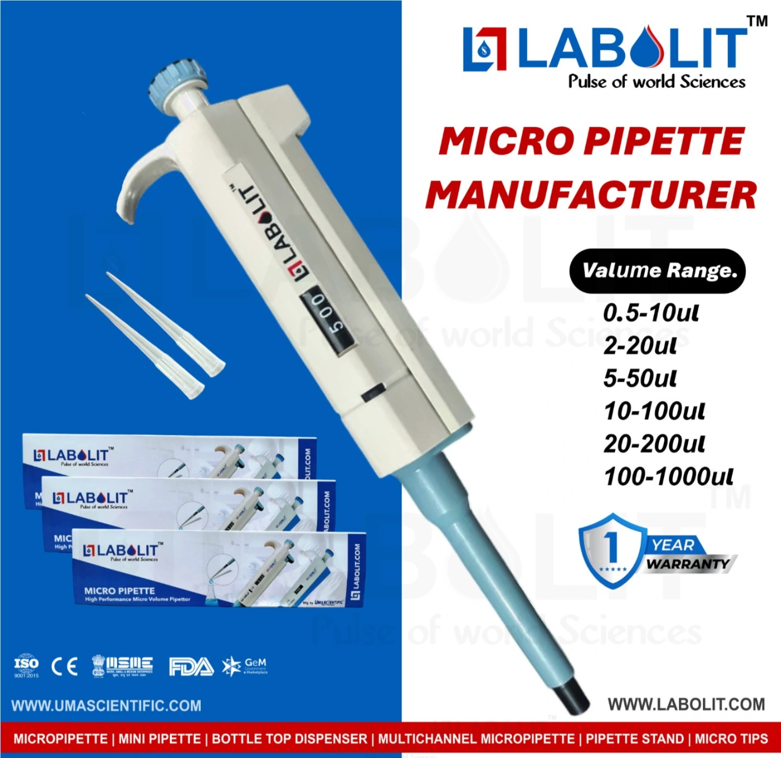 Single Channel Adjustable Micropipette by LABOLIT with ergonomic design, fully autoclavable body, UV resistance, and precision liquid handling for laboratory use.