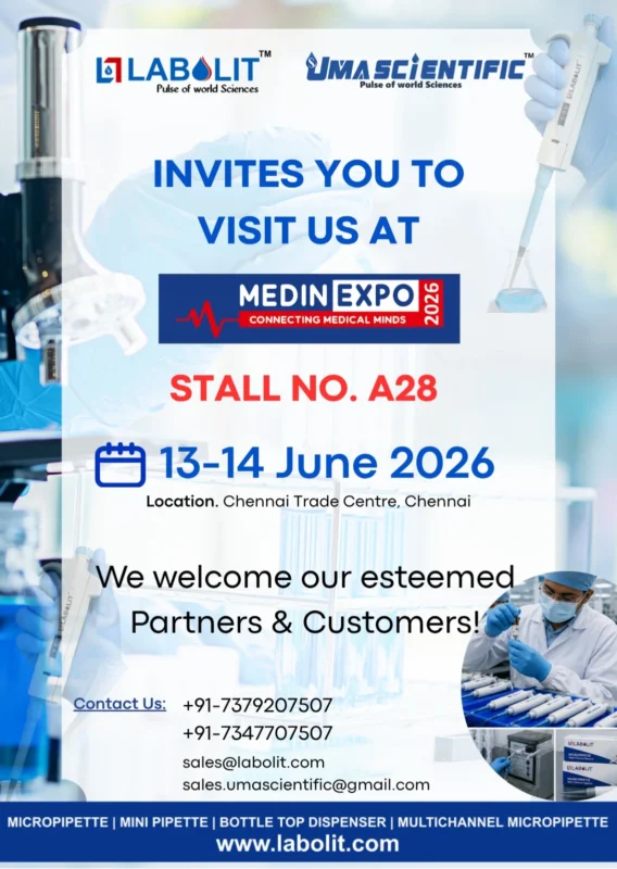 Visit UMA SCIENTIFIC & LABOLIT at MEDIN EXPO 2026, Chennai Trade Centre, Stall A28 on 13–14 June 2026. Explore micropipettes, multichannel micropipettes, bottle top dispensers, mini pipettes, and laboratory scientific instruments.