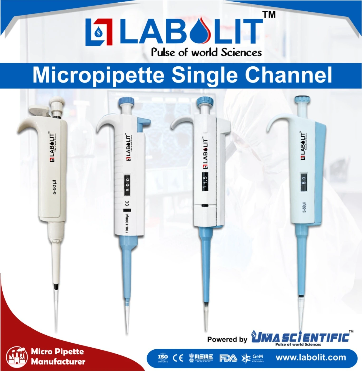 Fully Autoclavable Adjustable Volume Single Channel Pipette – Precision Liquid Handling by LABOLIT