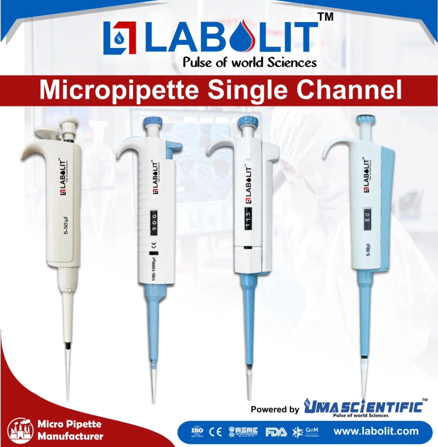Best Micropipettes for Labs in India | LABOLIT Manufacturer & Worldwide Supplier LABOLIT is a leading micropipette manufacturer and worldwide supplier offering single channel, multichannel, fixed & variable volume micropipettes for laboratories across India. High accuracy, affordable pricing, OEM support & bulk orders available.