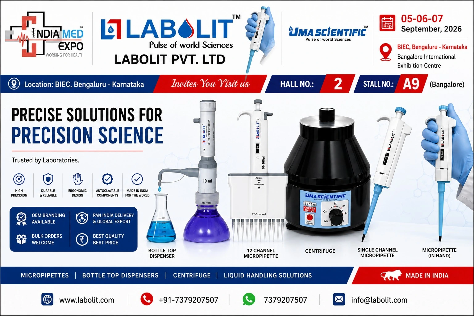 Meet LABOLIT at INDIA MED EXPO 2026 Bengaluru, Hall 2 Stall A9. Explore single-channel, multichannel, Mini Pipettes, dispensers & laboratory equipment.